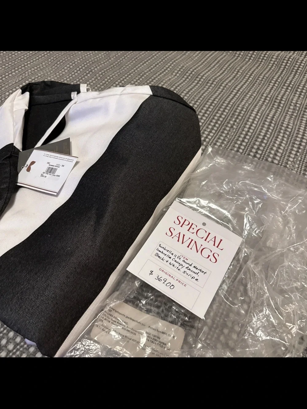 Pottery Barn Umbrella Replacement Canopy 9ft Sunbrella-Black/White Stripe NIB